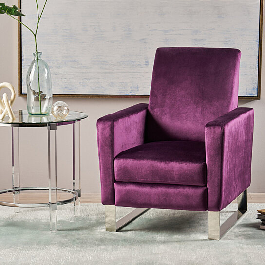 Arvin Modern Velvet Push Back High Leg Recliner with Stainless S
